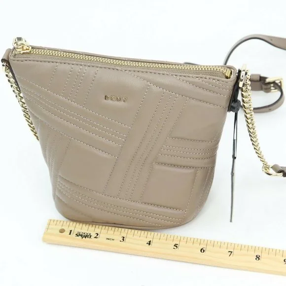 DKNY Allen Small Bucket Crossbody Bag Taupe Quilted Leather Gold Chain MSRP $198 - Picture 10 of 11